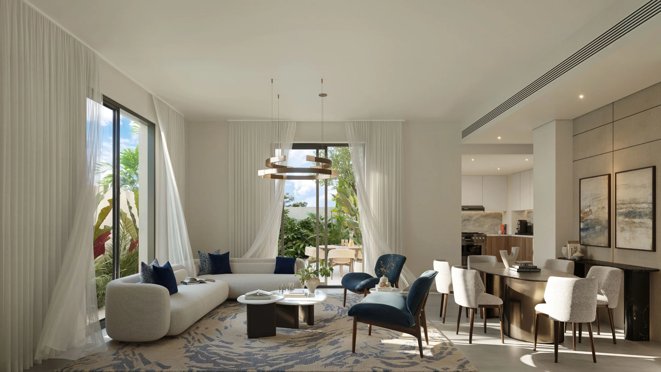 Dark interior scheme — living and dining area