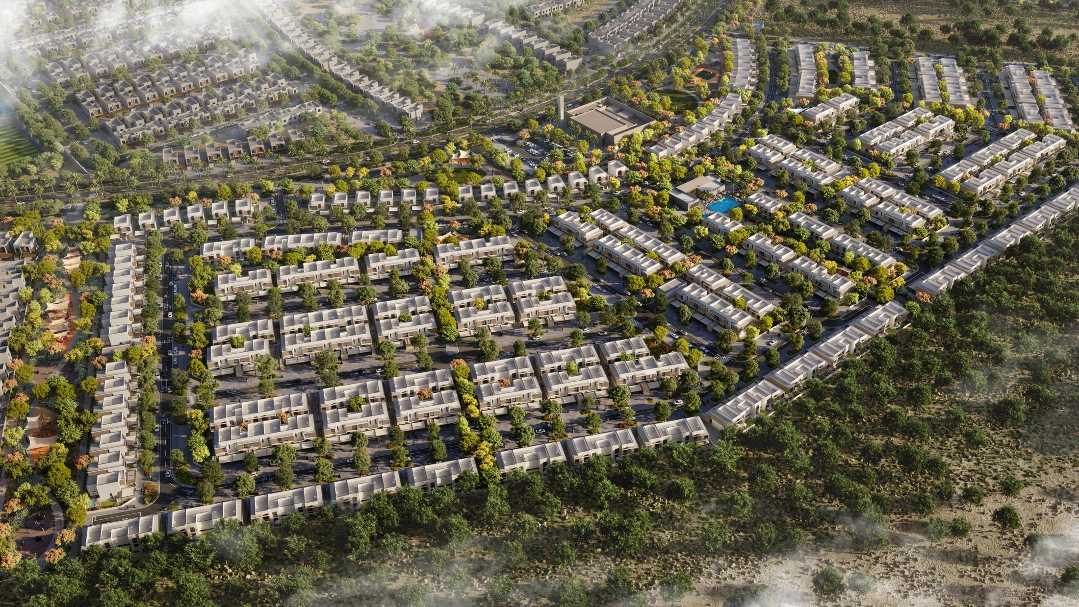 Aerial masterplan render of Al Ghadeer Parks 1